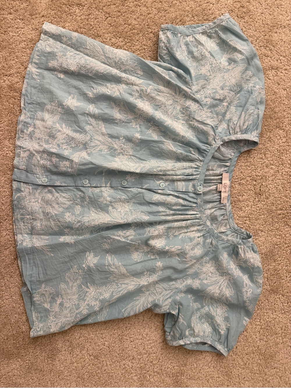 LOFT Petites Blue Floral Bird Toile Button Front Blouse Top MP